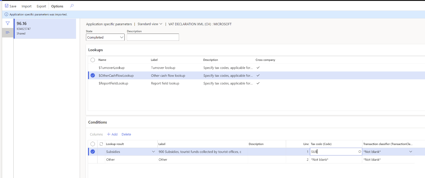 Application specific parameters page for Other cash flow lookup.