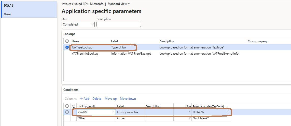 Screenshot that shows application-specific parameters set for sales tax codes.