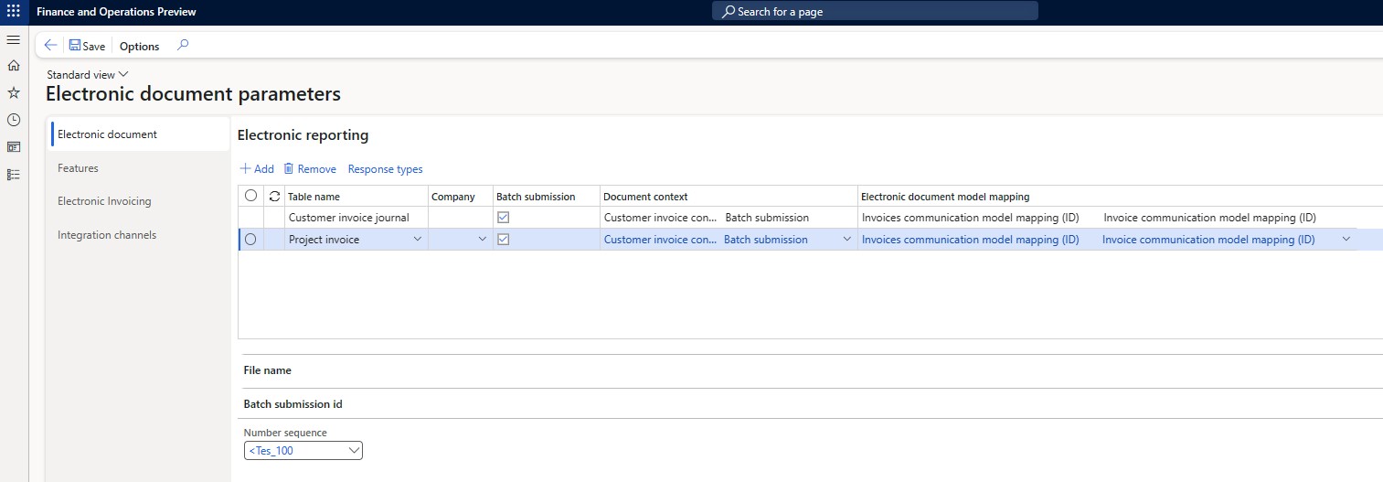 Screenshot that shows the setup of processing for electronic sales invoices.