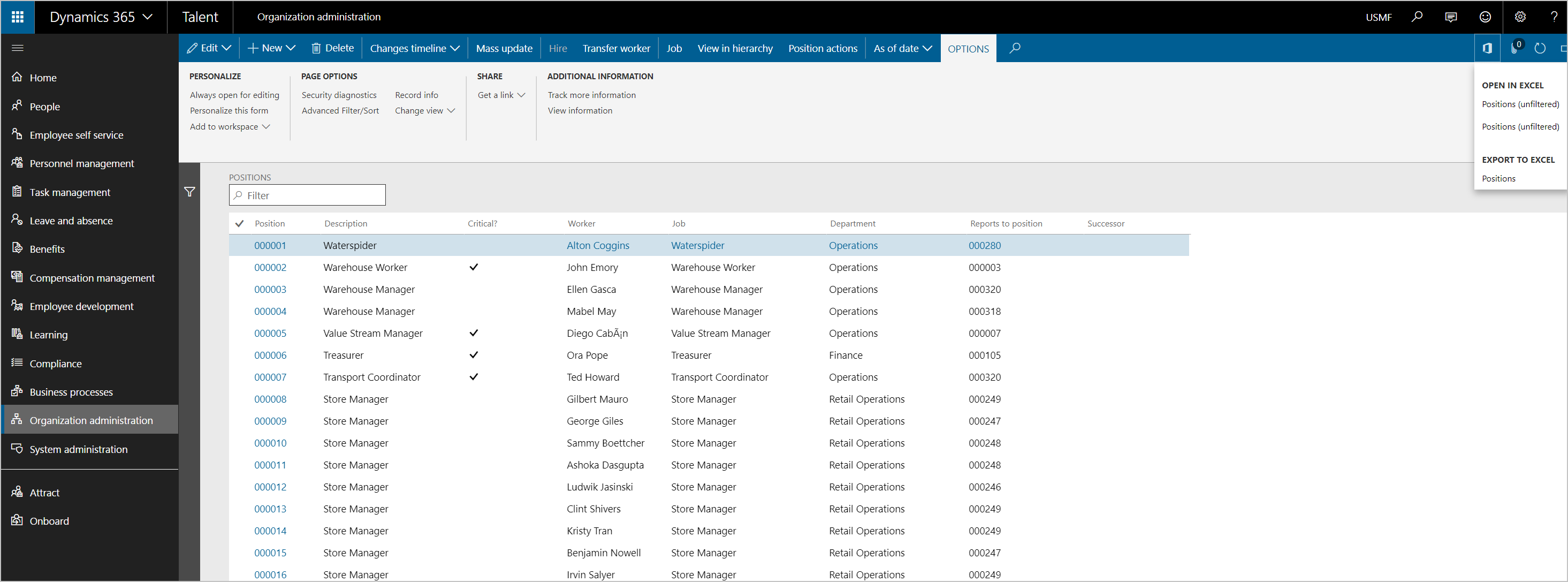 Eksportere listesiden Stillinger til Excel.