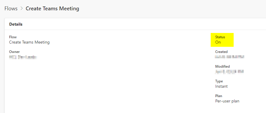 Microsoft Teams cloud flow status on.