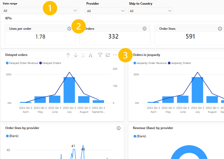 Alle insights dashboards har filtre, hjælpetekst og flere indstillinger.