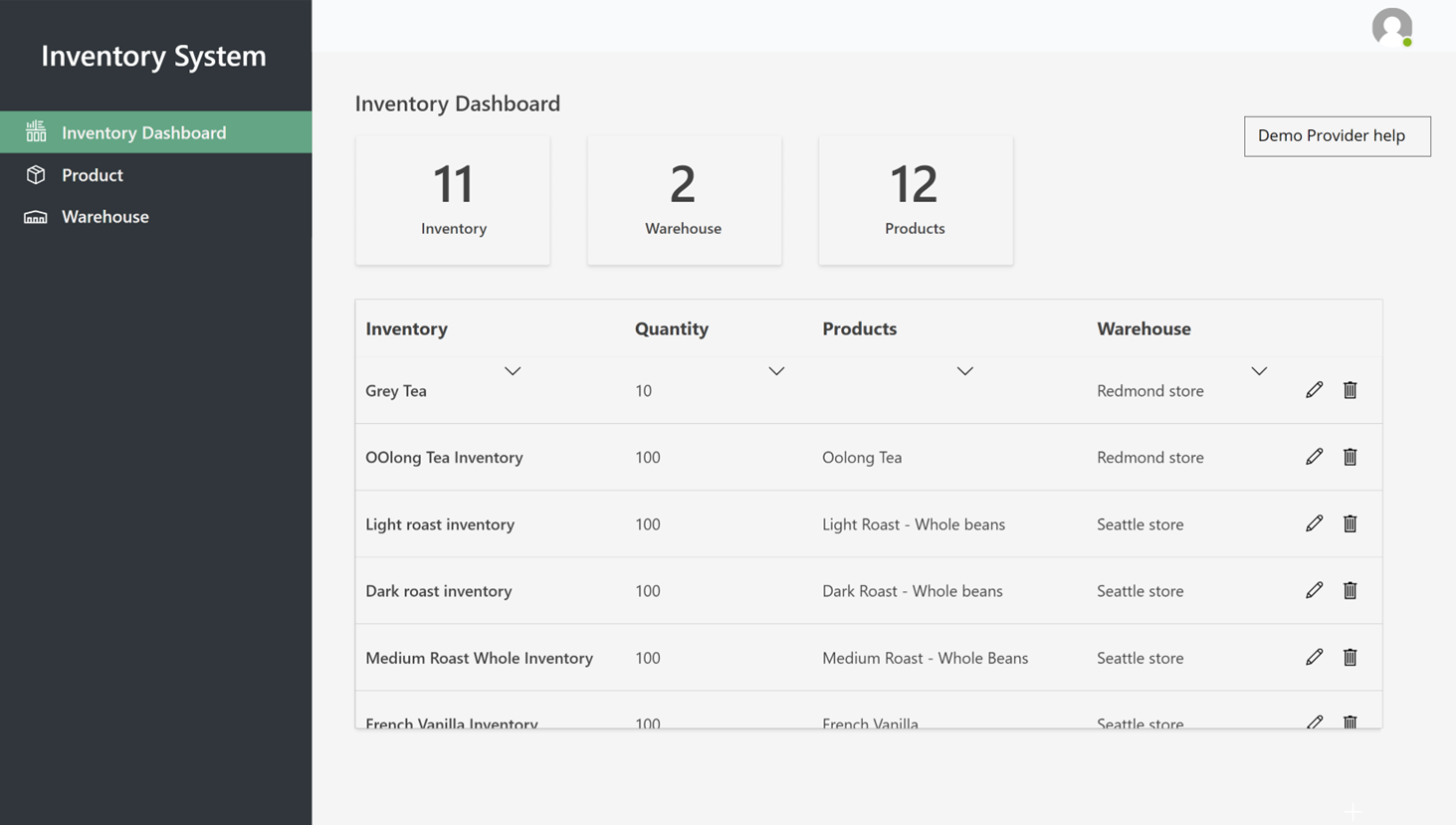 Siden Lager-dashboard i demolagerappen.