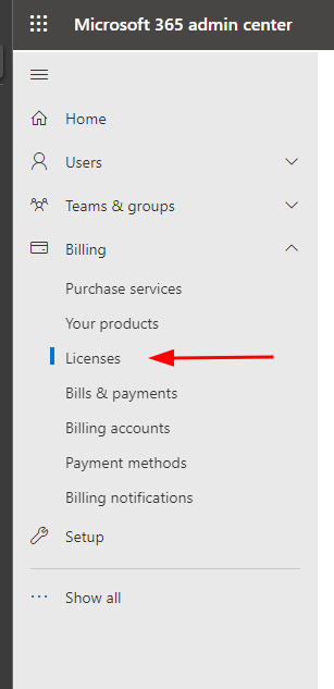 Fakturering > Licenser i venstre navigationsrude i Microsoft 365 Administration.