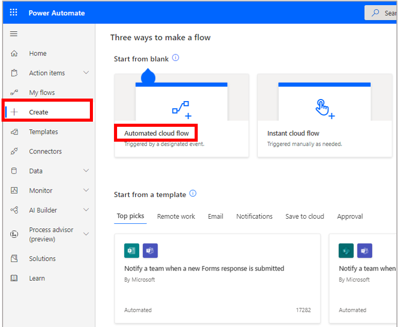 Power Automate screen with Automated cloud flow selected.