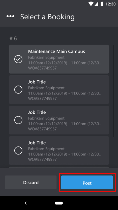 Skærmbillede af Dynamics 365 Remote Assist Mobile, der viser tilgængelige reservationer trukket ind fra Field Service.