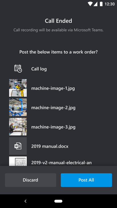 Skærmbillede af Dynamics 365 Remote Assist på en mobilenhed, der viser oversigten over elementer i opkaldsloggen, efter opkaldet er afsluttet.