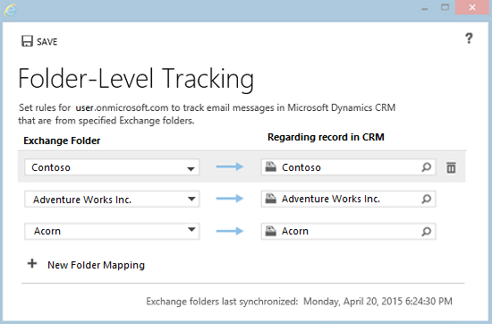 Dialogboksen Regler for mappesporing i Dynamics 365-apps.