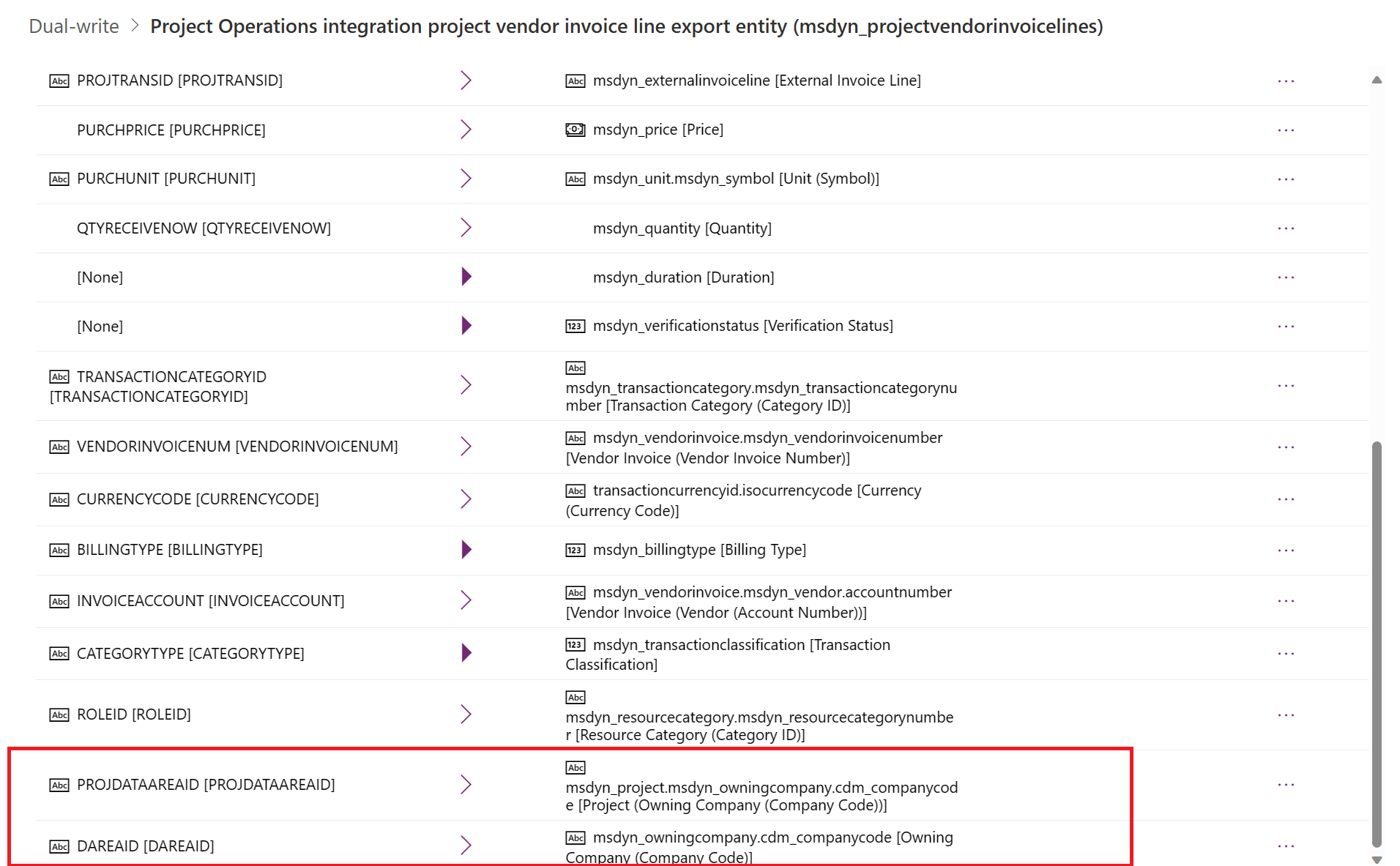 Skærmbillede af dual-write feltkortet med PROJDATAAREAID og DAREAID fremhævet.