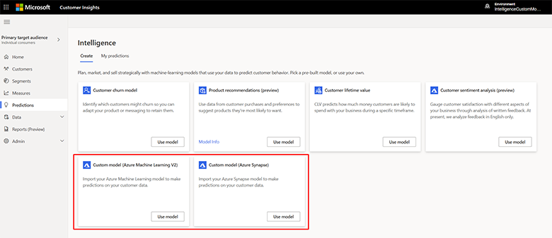 Få adgang til tilpassede modelforbindelser fra siden Forudsigelser i Dynamics 365 Customer Insights.