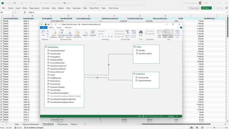 Eksempel på, hvordan du modellerer data med PowerPivot i Excel-layoutet.