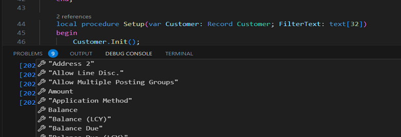 Brug IntelliSense til at tilføje og inspicere AL-variabler i Visual Studio Code-fejlfindingskonsollen