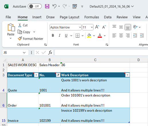 Viser det inkluderede felt Arbejdsbeskrivelse i eksporteret Excel-fil.