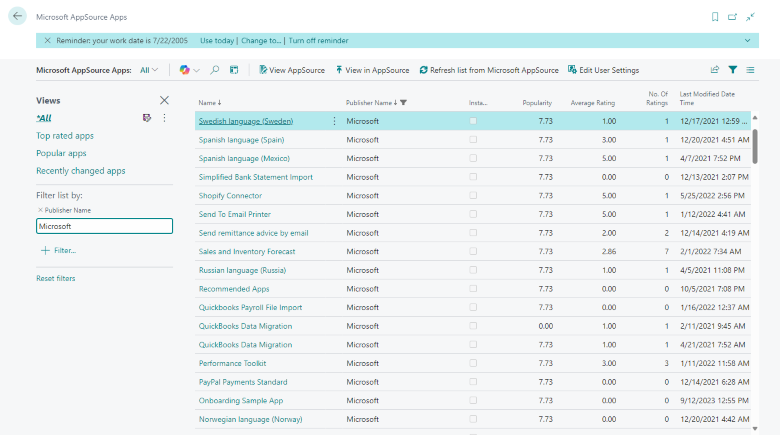 Ny listeside Microsoft AppSource-apps