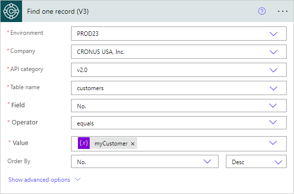 En ny Find én optag-handling i Power Automate-connector