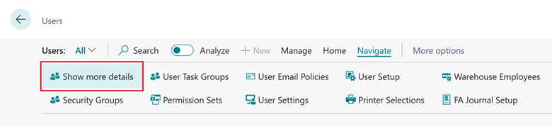 Viser den nye handling Vis flere detaljer på siden Brugere.