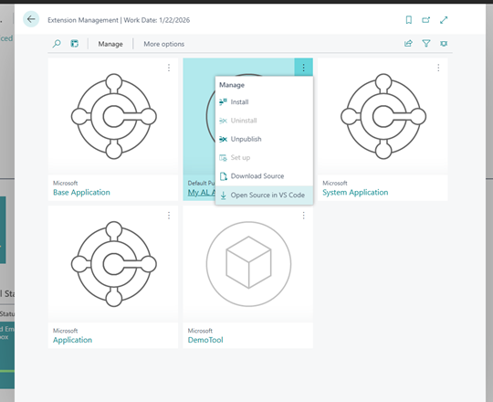 Ny Open Source i Visual Studio Code på en udvidelse på siden Udvidelsesstyring.