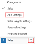 Skærmbillede af oversigten over appen Sales, hvor ikonet Skift område og Appindstillinger er fremhævet.