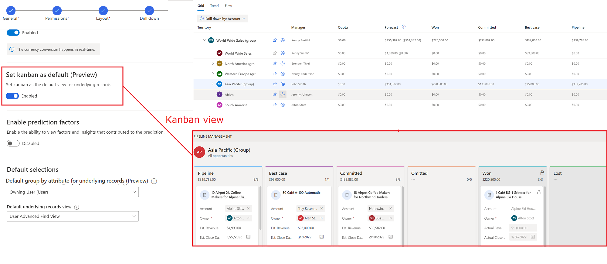 Et skærmbillede af en prognose, hvor Kanban er angivet som standardvisning og underliggende poster, der vises i Kanban-visning.