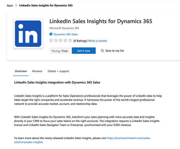 Skærmbillede af siden LinkedIn Sales Insights for Dynamics 365 AppSource.