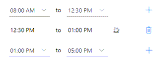 Skærmbillede af arbejdstider angivet fra 8:00 til 12:30 efterfulgt af en pause fra 12:30 til 13:00, efterfulgt af arbejdstider fra 13:00 til 17:00.