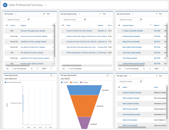 Dashboard med oversigt over Sales Professional.