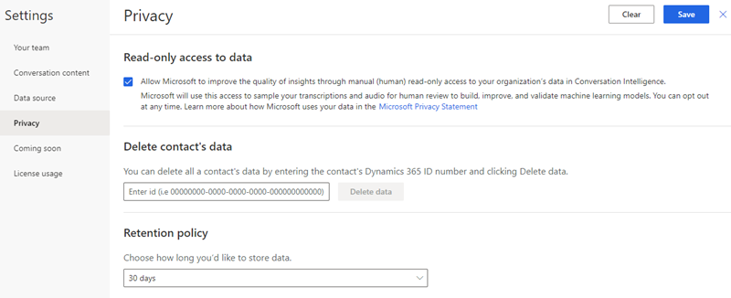 Siden med indstillinger for beskyttelse af personlige oplysninger i appen Samtaleintelligens.