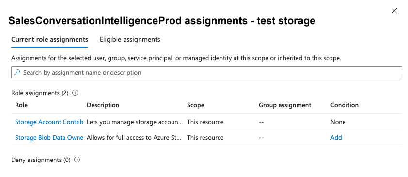 Skærmbillede af rolletildelingsfanen med rollerne tildelt til SalesInsightsWebApp i Azure Portal