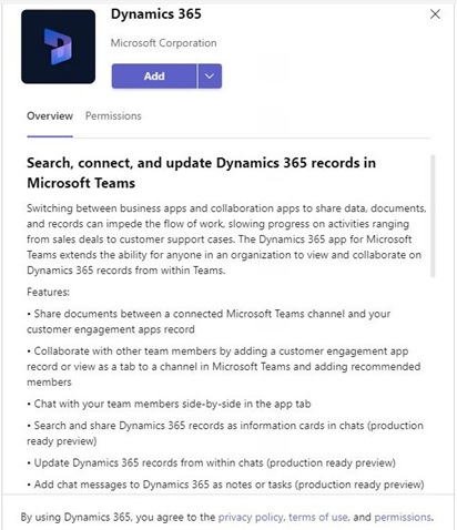 Skærmbillede af tilføjelse af Dynamics 365-appen i Teams.