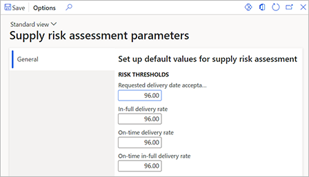 Generel fane for siden med Parametre for forsyningsrisikovurdering.