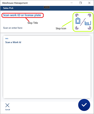 Eksempel på et trinikon og en trintitel i mobilappen Warehouse Management.