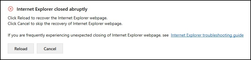 Internet Explorer blev lukket pludseligt.