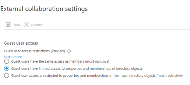 Screenshot of Guest User access options on External collaboration settings.