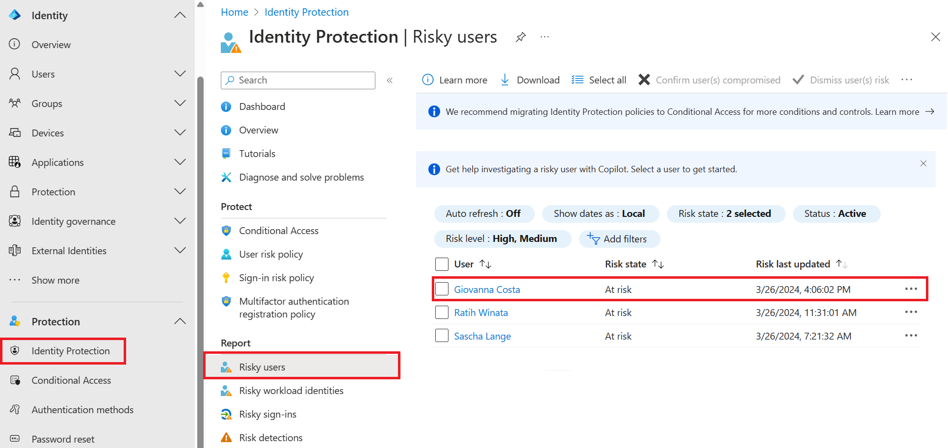 Screenshot that shows the ID Protection risky users report.