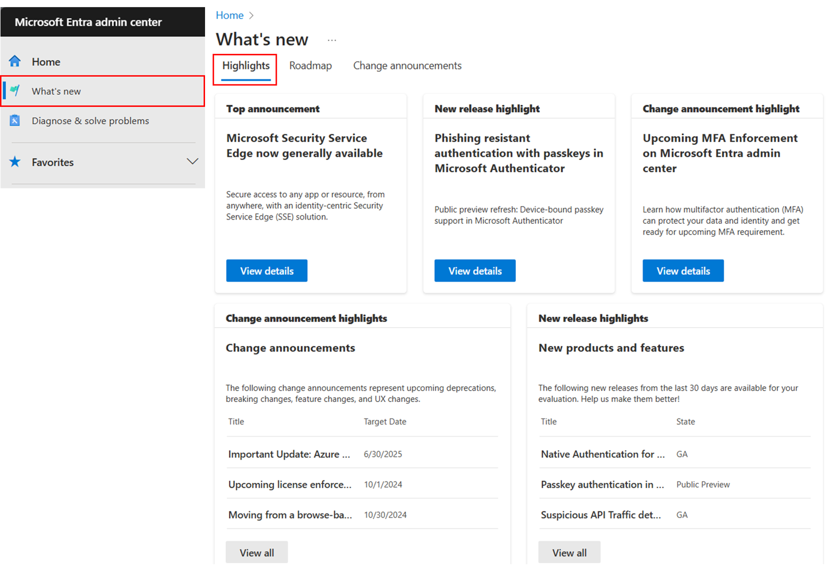 Screenshot of the Microsoft Entra What's new Highlights experience in the Microsoft Entra admin center.