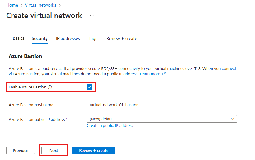 Screenshot of the Create virtual network screen, on the Security tab, showing the Bastion settings.