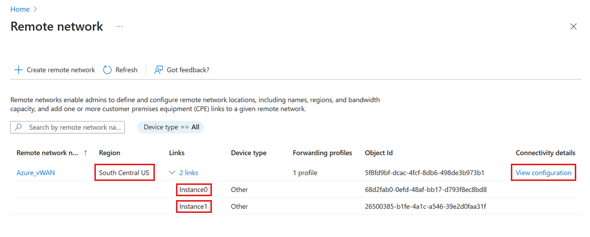 Screenshot of the Remote network page with the newly created region, its two links, and the View configuration link highlighted.