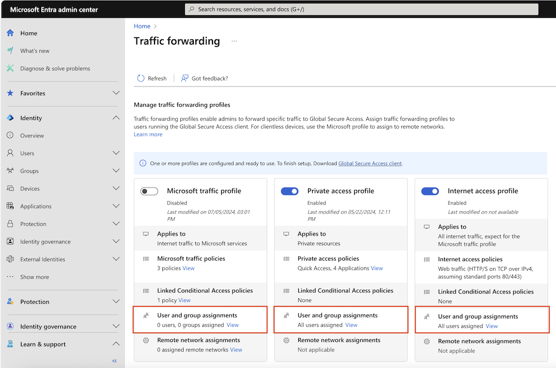 Screenshot of the traffic forwarding page with user assignments highlighted.