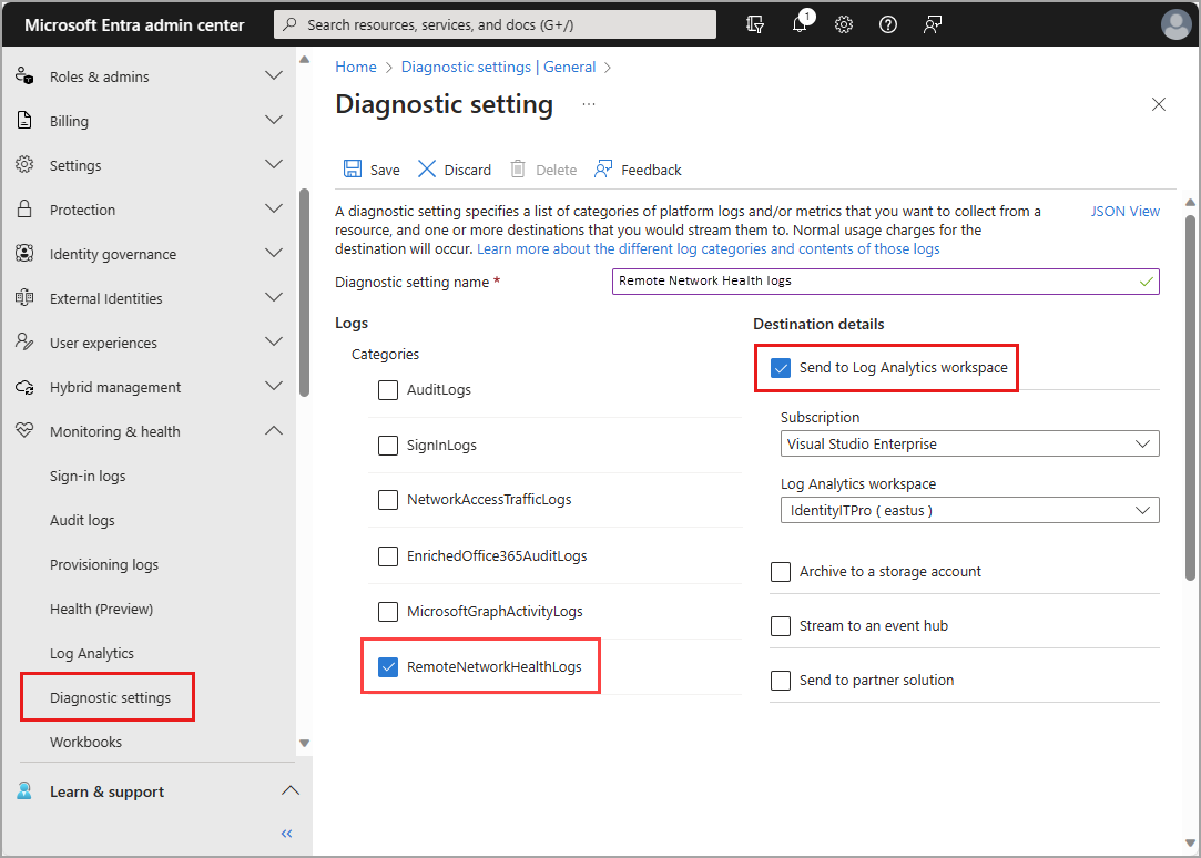 Screenshot of the Microsoft Entra diagnostic settings page.