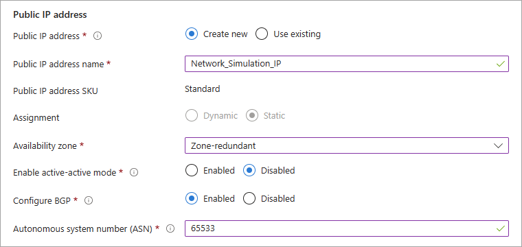 Screenshot of the IP address fields for creating a virtual network gateway.