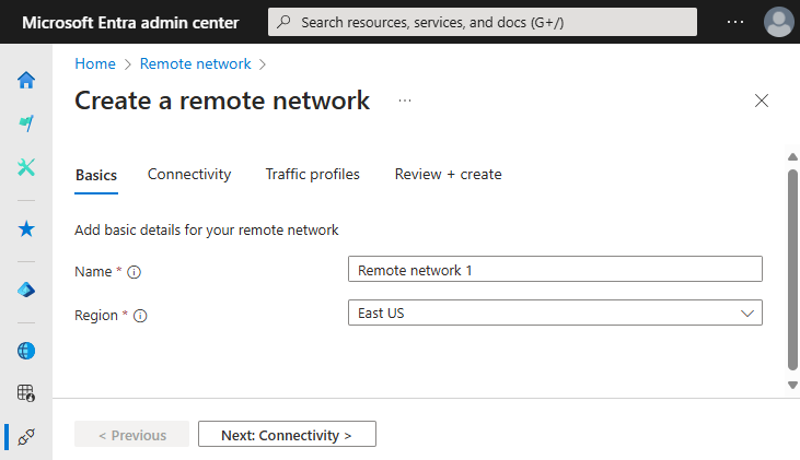 Screenshot of the basics tab for creating a remote network.