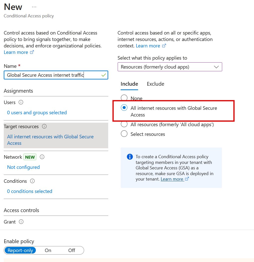 Screenshot showing a Conditional Access policy targeting a traffic profile.