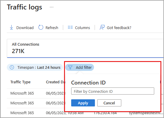 Screenshot of the traffic log filter.