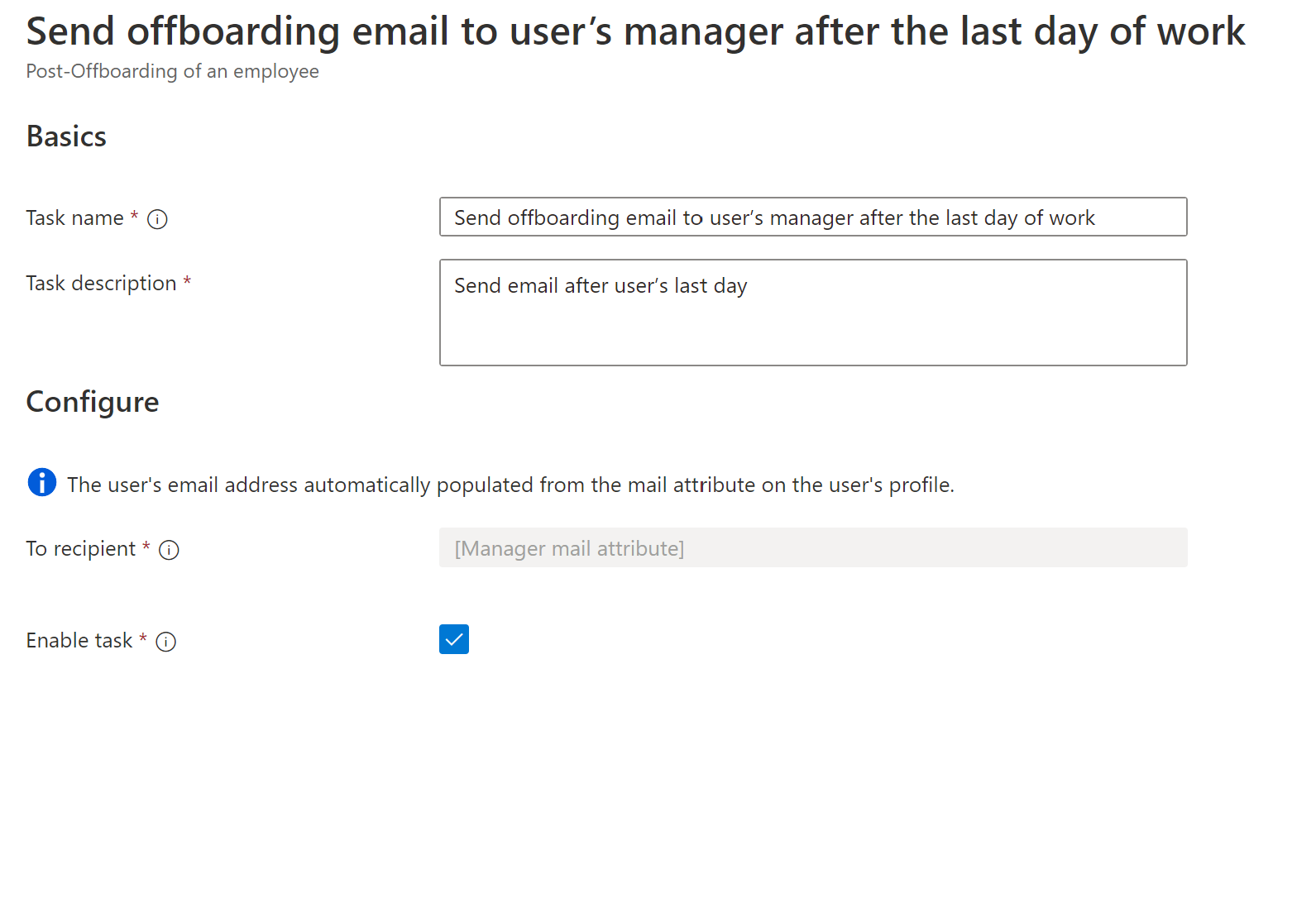 Screenshot of Workflows task: send off-boarding email to user's manager after their last day.