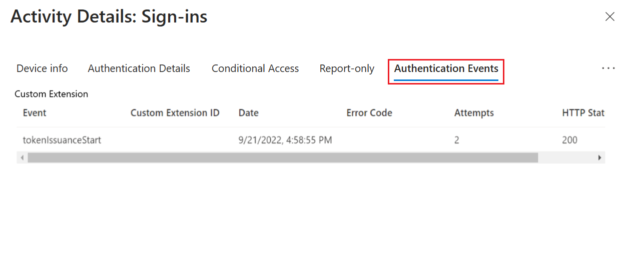 Screenshot that shows the authentication events information.