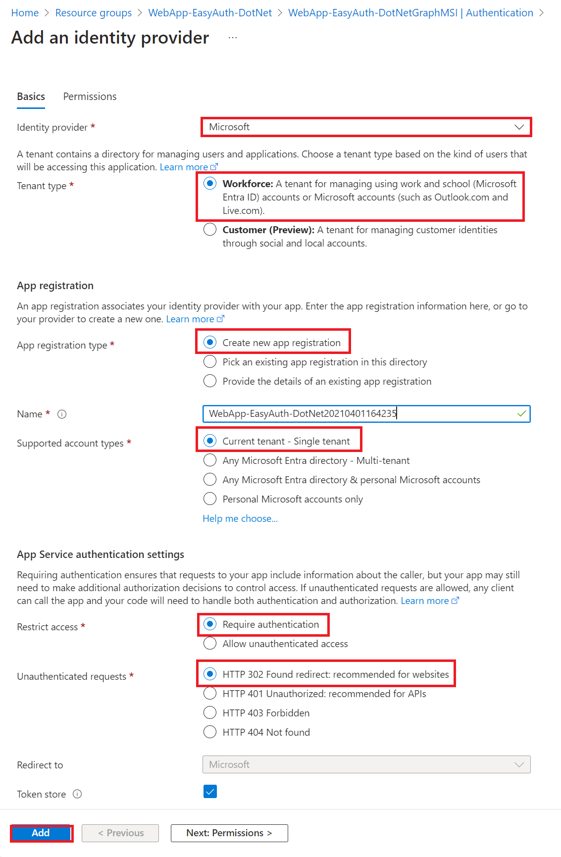 Screenshot that shows configuring authentication.