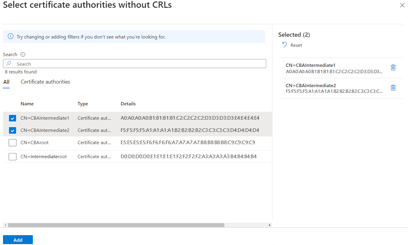 Screenshot of CAs that are exempted from CRL validation.