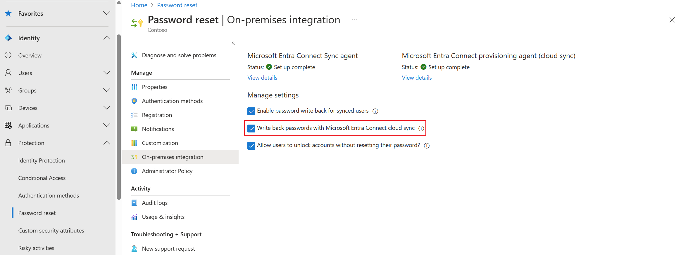 Screenshot of password writeback enabled for Microsoft Entra ID to an on-premises integration.