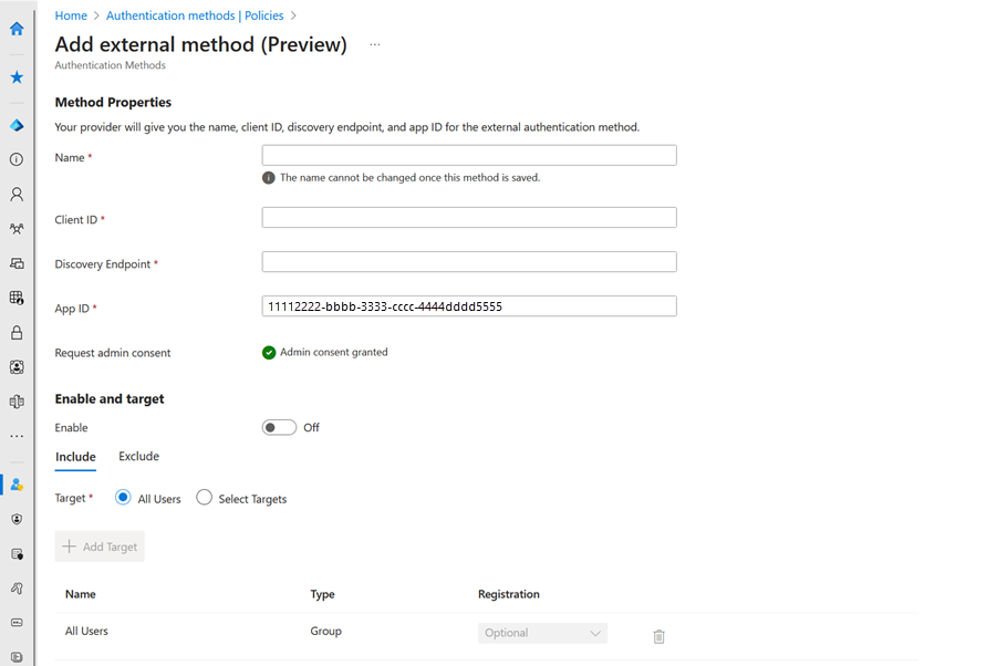 Screenshot of Authentication methods policy after consent is granted.