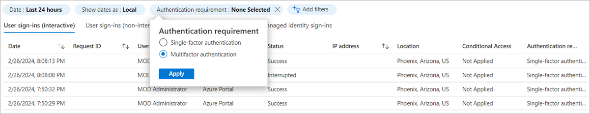 Screenshot of the sign-in log.